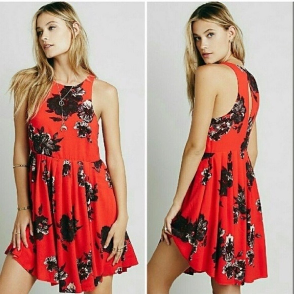 Free People Red Floral Pleated High Neck Mini Dress w/Pockets